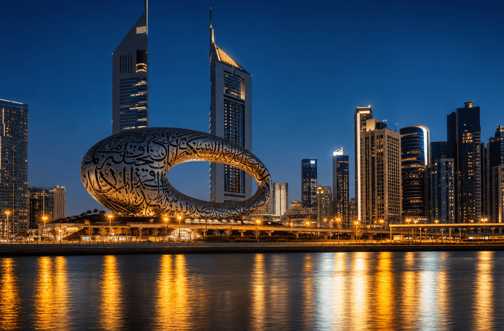 Dubai at blue hour, the Museum of the Future and the illuminated skyline